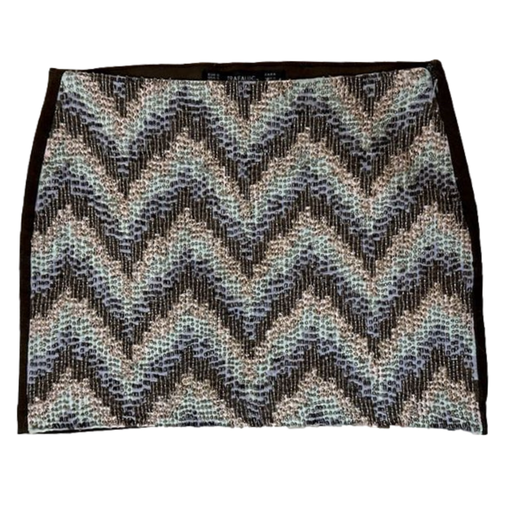 Zara Trafaluc Brown/Green/Blue Beaded Mini Skirt S